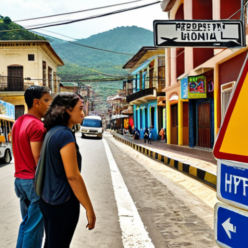 **Image Prompt:** A tourist couple carefully reviewing a Honduran road sign next to a rental car. The sign is slightly weathered, and the background shows a bustling Tegucigalpa street scene with colorful buildings and local buses. Focus on the cautious expression of the tourists and the somewhat chaotic but vibrant street atmosphere. The lighting is bright, reflecting the daytime heat.