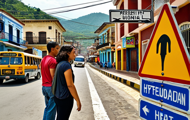 **Image Prompt:** A tourist couple carefully reviewing a Honduran road sign next to a rental car. The sign is slightly weathered, and the background shows a bustling Tegucigalpa street scene with colorful buildings and local buses. Focus on the cautious expression of the tourists and the somewhat chaotic but vibrant street atmosphere. The lighting is bright, reflecting the daytime heat.